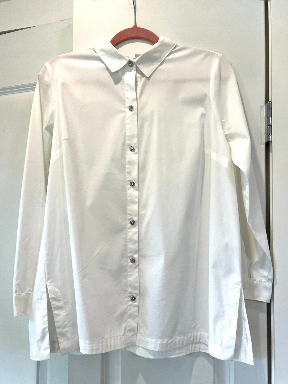 J Jill Women's White Long Sleeve Button Tunic Shirt Rhinestone